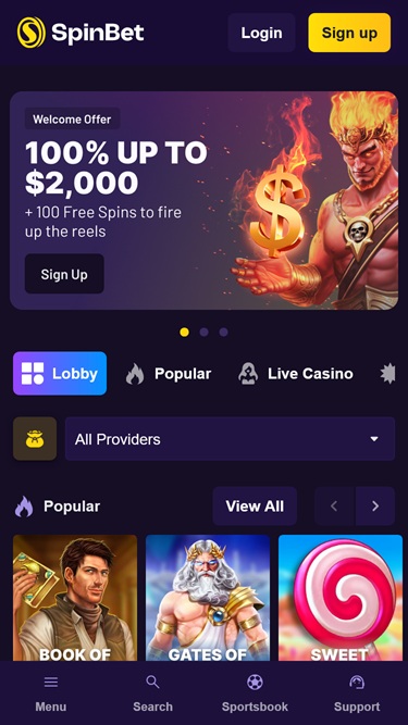 Spinbet Casino Mobile Interface
